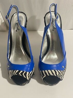 Qupid Women's 7 Blue Zebra Animal Print Peep Toe Sexy Stiletto Platform Heels
